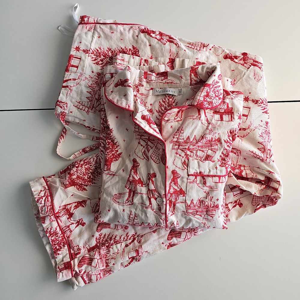 Mahogany Womens S Christmas Toile Pajama Set 100% Cotton Red White Holiday